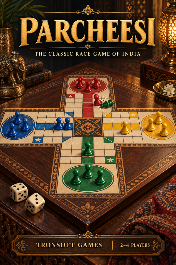Parcheesi board on a carved wooden parlor table with red, blue, yellow, and green pawns